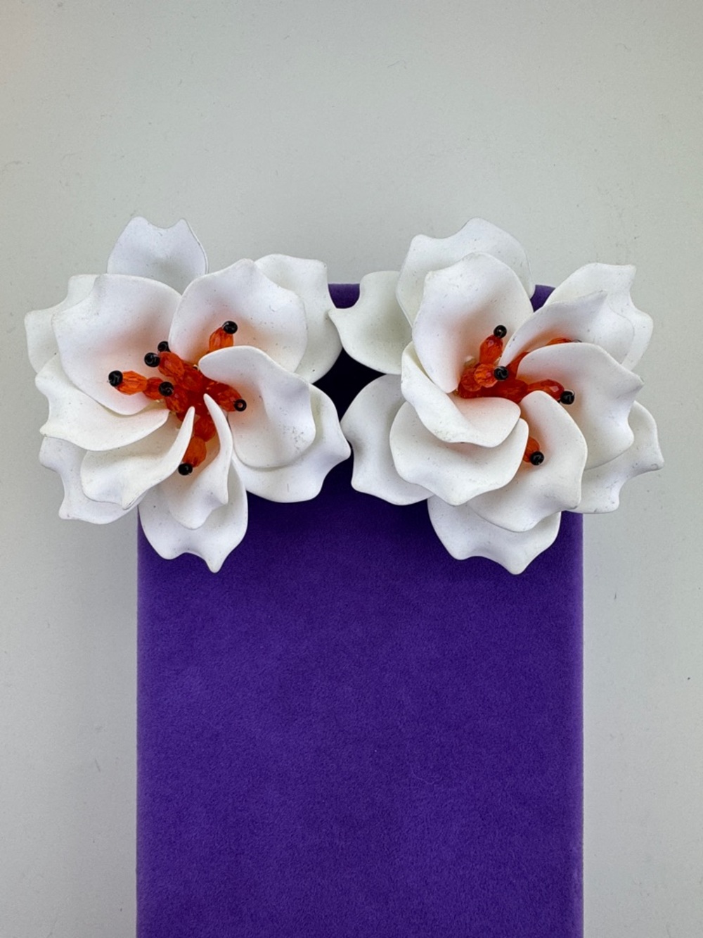 💛 Tropical White Floral Statement Earrings with Orange Center | Boho Luxury
